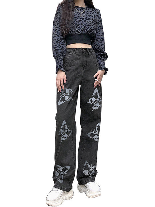Damen Weit geschnittene Jeans mit kreativem Schmetterlingsdruck Heidi-Mode