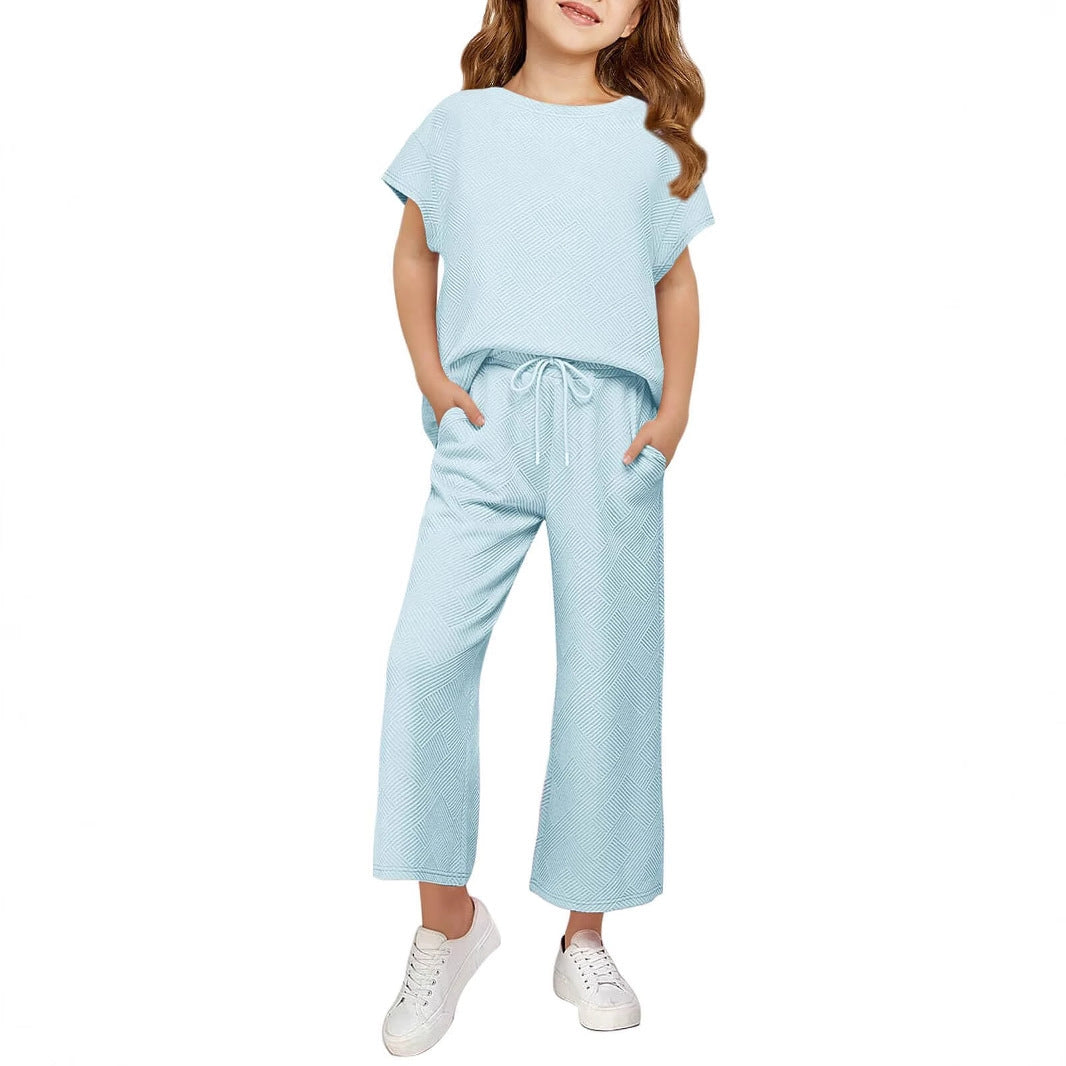 Damen lässiges Kurzarm-Oberteil und weit geschnittene Lounge-Hose Set Heidi-Mode