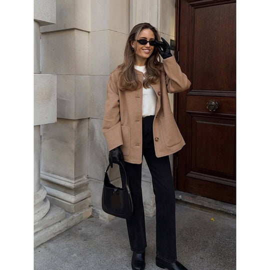 Damen elegante Wolljacke mit übergroßem Kragen Heidi-Mode