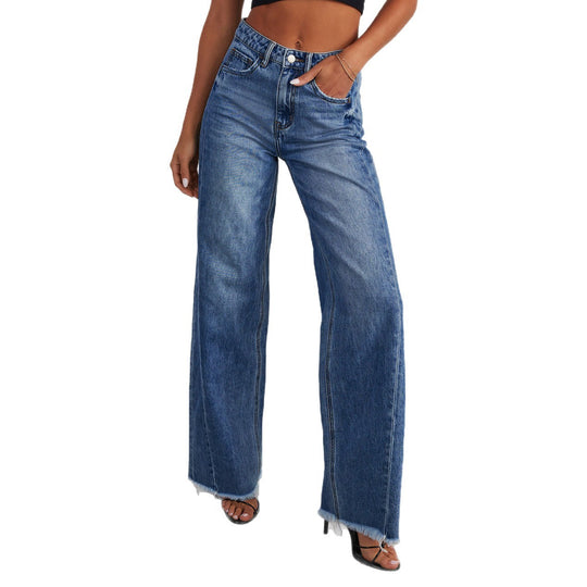 Damen Weitgeschnittene Jeans mit fransigen Säumen Heidi-Mode