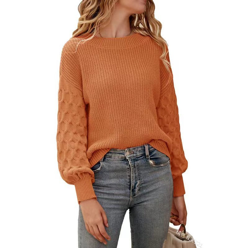 Damen modischer Strickpullover mit strukturierten Ärmeln und Rundhalsausschnitt Heidi-Mode