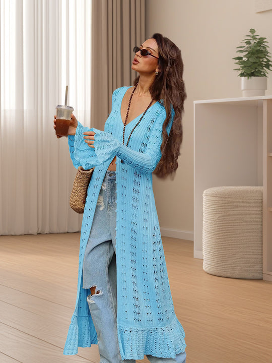 Damen Großer Strickcardigan mit offener Maschenstruktur und weit geschnittenen Ärmeln Heidi-Mode