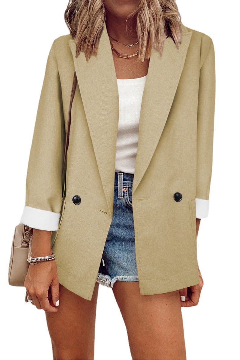 Damen modischer Blazer im Oversized-Schnitt mit tiefen Taschen und umgeschlagenen Ärmeln Heidi-Mode