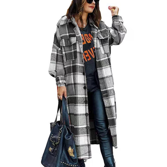 Damen Langarm-Wolljacke mit Karomuster und praktischen Taschen Heidi-Mode