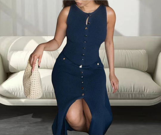 Damen Strickmaxikleid mit Knopfleiste und seitlichen Schlitzen Heidi-Mode