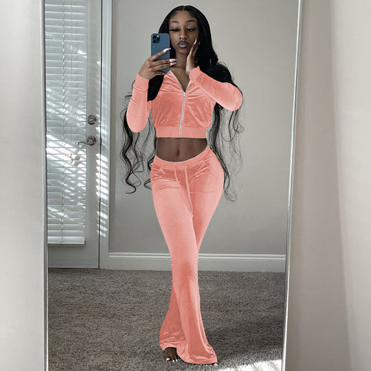 Damen Komfortables Lounge-Set aus weichem Veloursstoff mit Zip-Oberteil und weitem Bein Heidi-Mode