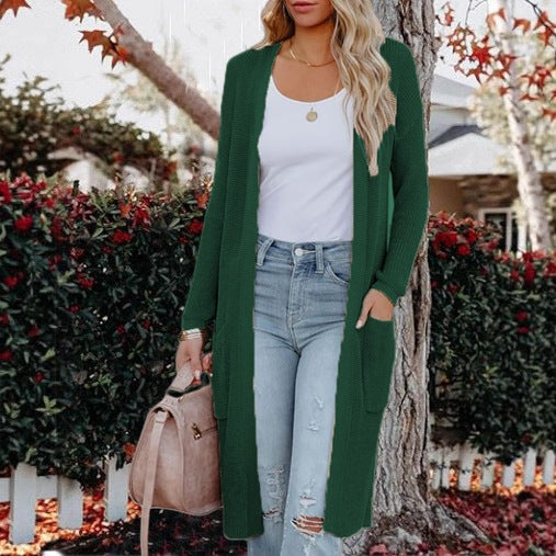 Damen Langer Strickcardigan mit elegantem offenes Design und praktischen Taschen Heidi-Mode