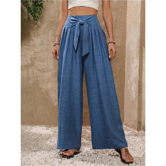 Damen Weite Hochtaillierte Hose mit Schleifenbund und Falten Heidi-Mode