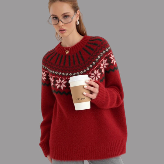 Damen Strickpullover mit festlichem Norweger-Motiv und weitem Schnitt Heidi-Mode
