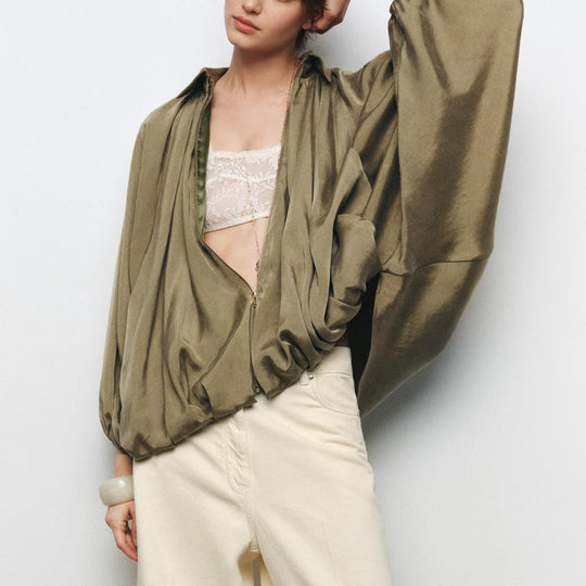 Damen Oversize Satinjacke mit Reißverschluss und elastischem Bündchen Heidi-Mode
