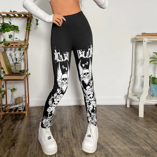 Damen Leggings mit auffälligem Totenkopf- und floralem Design Heidi-Mode