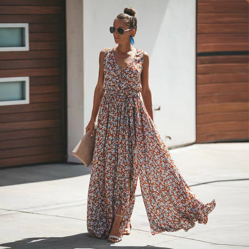 Heidi-Mode | Kleines Blumenmuster Maxikleid mit Ärmellosem Design und V-Ausschnitt