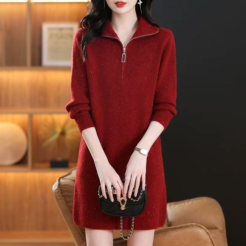 Damen Kurzes Strickkleid mit halbzipper und Kragen Heidi-Mode