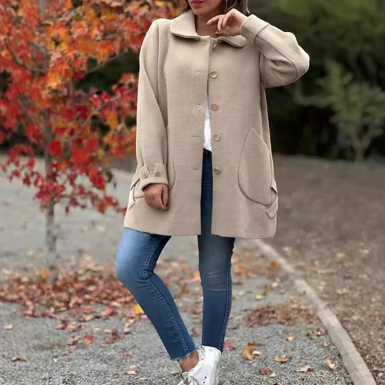 Damen Oversized Wollmantel mit dekorativen Knöpfen und großen Taschen Heidi-Mode