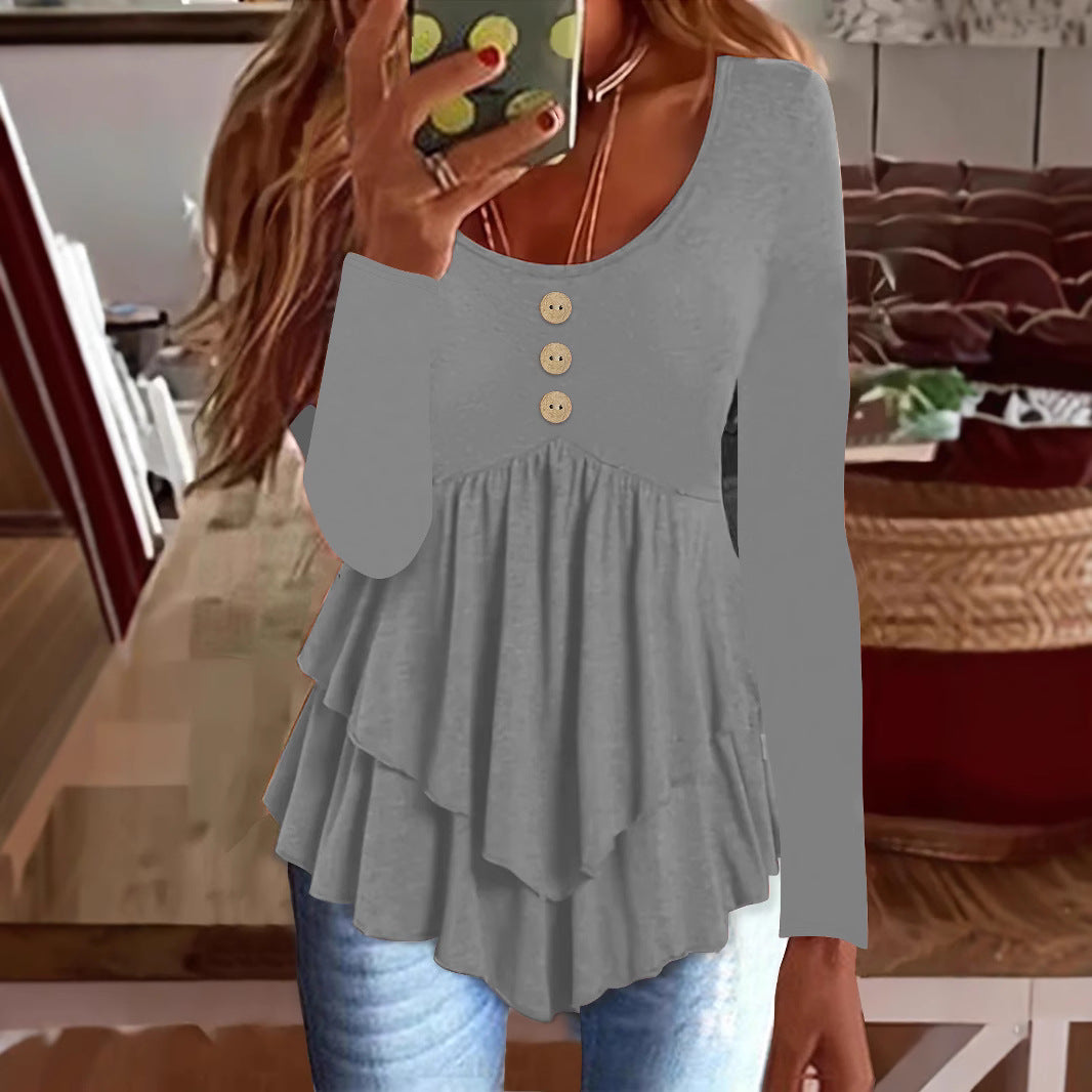 Damen Langarm Blusenshirt mit mehrlagigem Design und dekorativen Knopfdetails Heidi-Mode