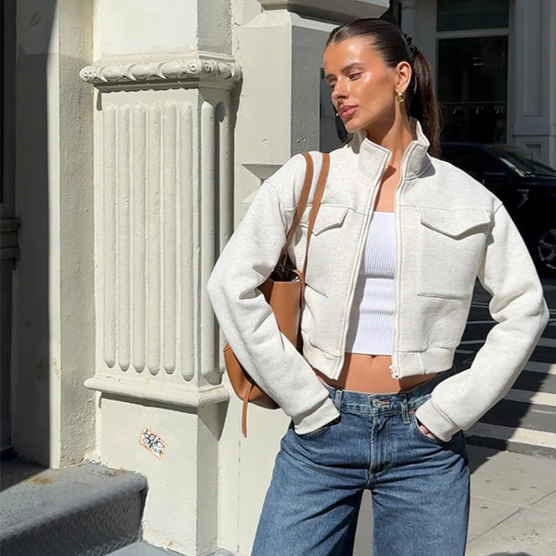 Damen cropped Jacke mit Reißverschluss und Taschen Heidi-Mode