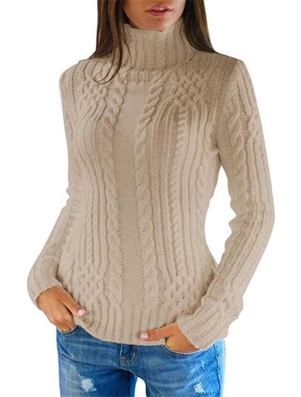 Damen Rolkragenpullover mit Zopfmuster und bequemer Passform Heidi-Mode