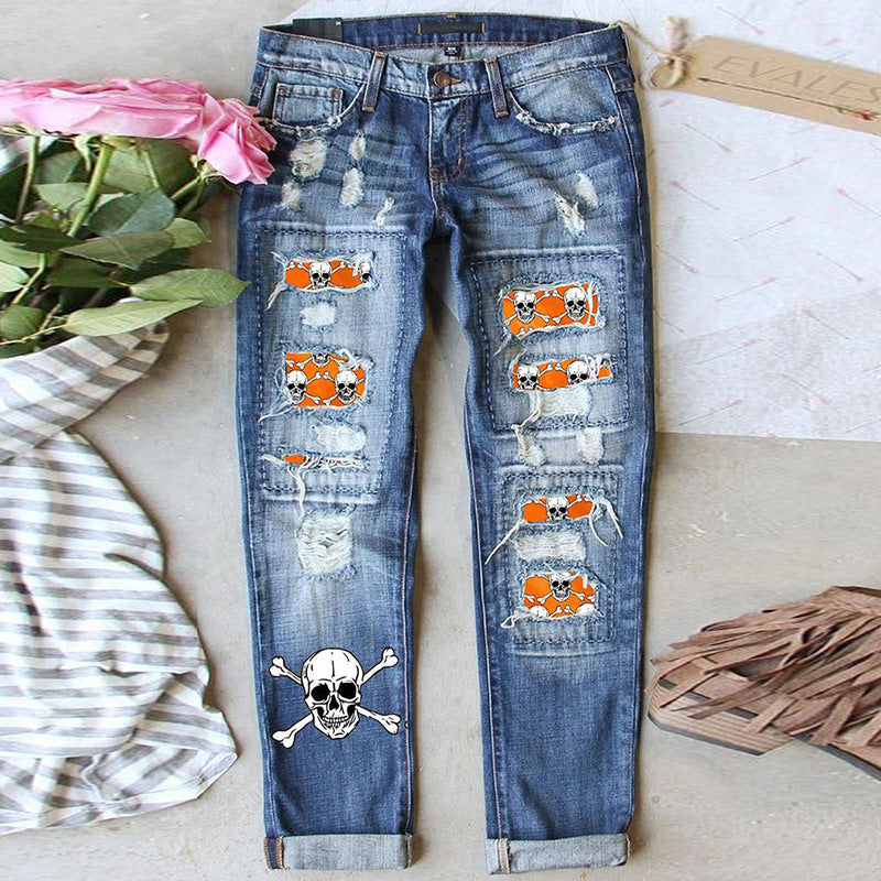Damen Skinny Jeans mit auffälligen Totenkopf-Mustern Heidi-Mode