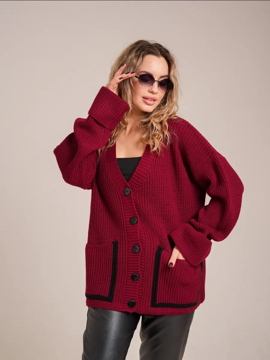 Damen Grobstrickjacke mit großen Taschen und dekorativem Knopf Heidi-Mode