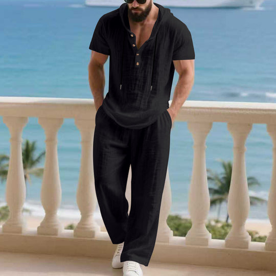 Herren komfortables Freizeit-Set mit modischem Henley-Oberteil und lockeren Hosen Heidi-Mode