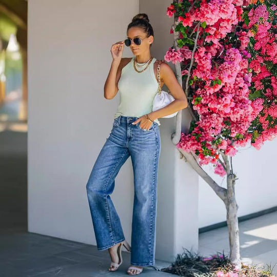 Damen Weit geschnittene Jeanshose mit hohem Bund und dezenten Waschungen Heidi-Mode