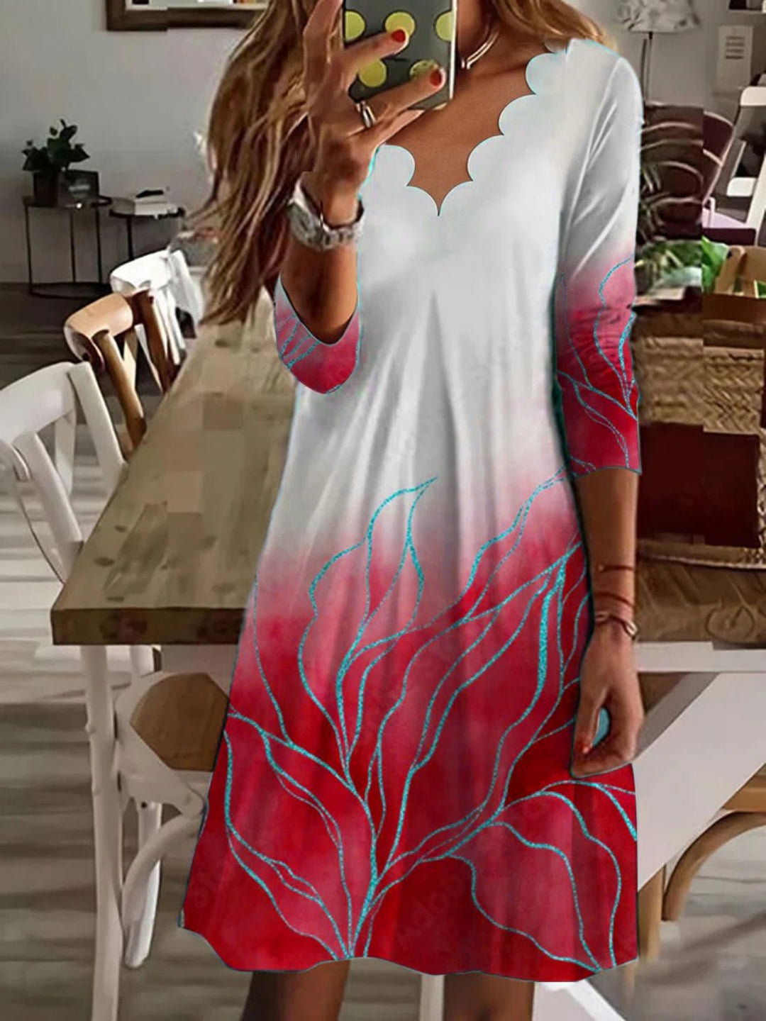 Damen Boho Maxikleid mit Wellenmuster und eleganter Ausschnittgestaltung Heidi-Mode