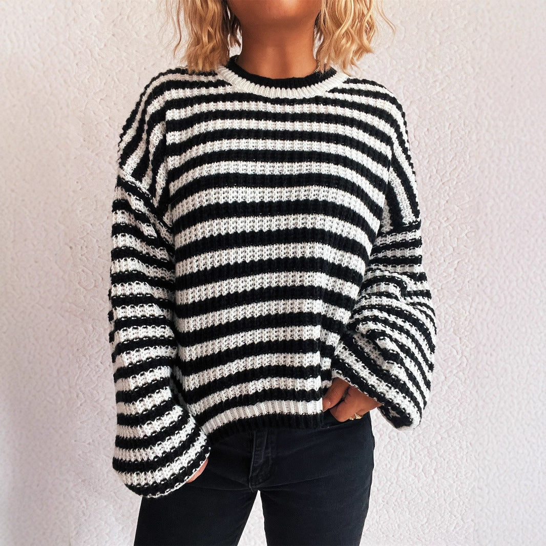 Damen lässiger Strickpullover mit breiten Streifen Heidi-Mode