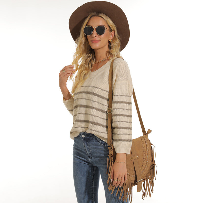Damen lässiger Pullover mit modernem Streifenmuster und V-Ausschnitt Heidi-Mode