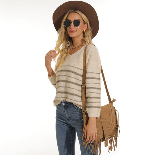 Damen lässiger Pullover mit modernem Streifenmuster und V-Ausschnitt Heidi-Mode