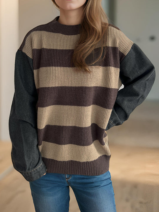 Damen lässiger Strickpullover mit auffälligem Blockstreifenmuster und weiten Ärmeln Heidi-Mode