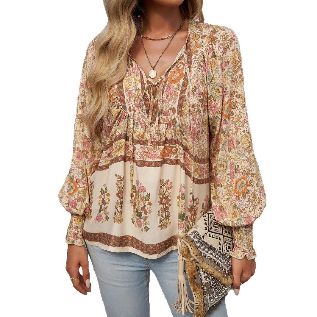 Damen Boho-Bluse mit Schleifenverzierung und floralen Mustern Heidi-Mode