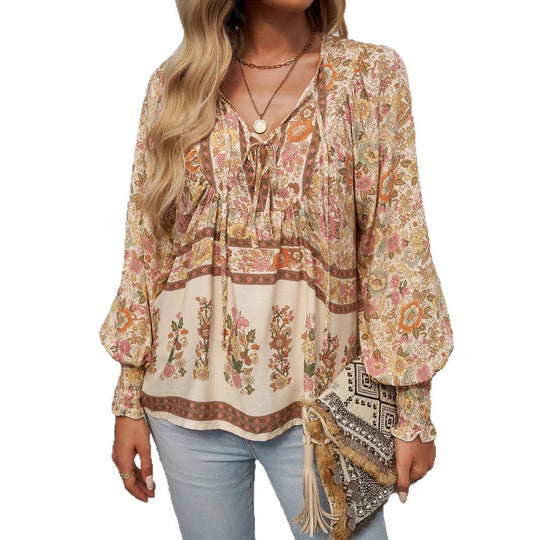 Damen Boho-Bluse mit Schleifenverzierung und floralen Mustern Heidi-Mode