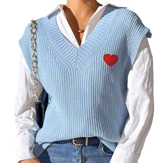 Damen Strickpullover mit V-Ausschnitt und Herzapplikation Heidi-Mode