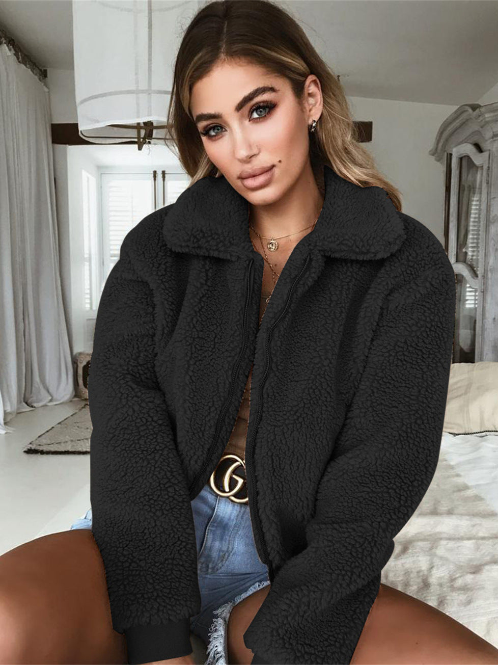 Damen Kuschelige Teddyjacke mit hohem Kragen Heidi-Mode