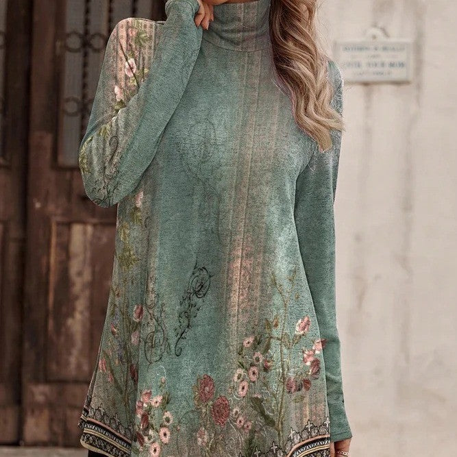 Damen Tunika mit floralem Design und hohem Kragen Heidi-Mode