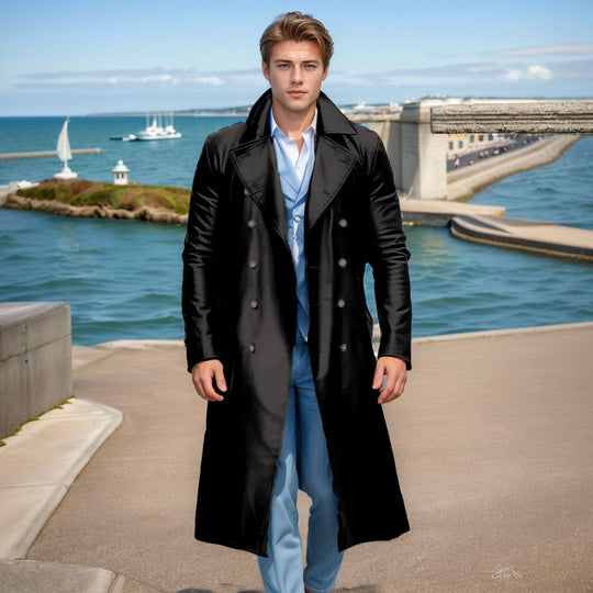 Herren Eleganter, glänzender Trenchcoat mit abnehmbarem Kragen Heidi-Mode