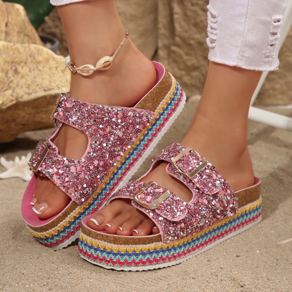 Damen Glitzernde Plateau-Sandalen mit Doppelschnalle und mehrfarbigem Boden Heidi-Mode