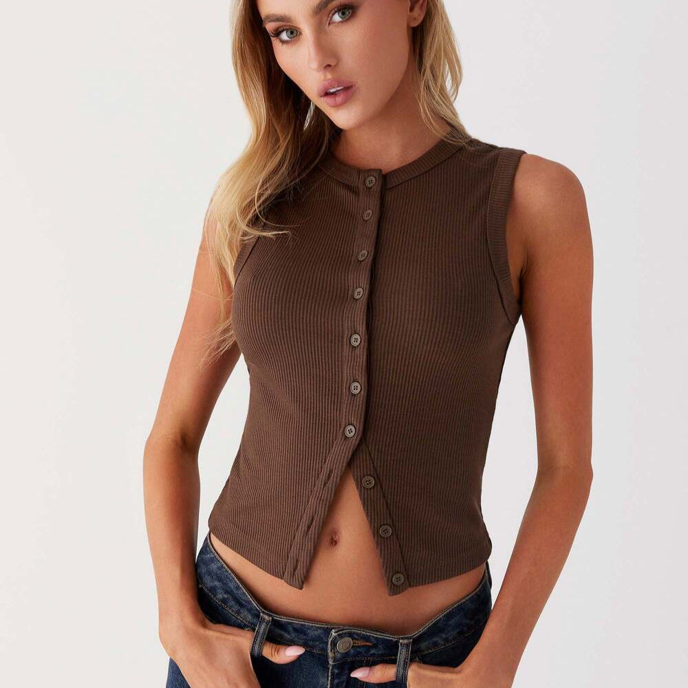 Damen ärmelloses Knopfschalenshirt aus Rippenstoff mit modernem Schnitt Heidi-Mode