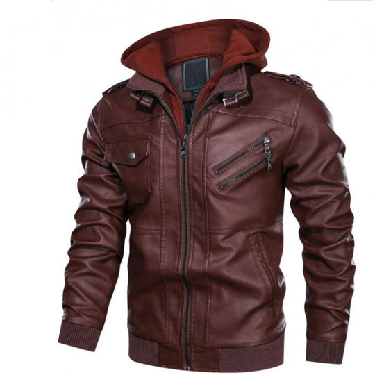 Herren Lederjacke im modernen Biker-Stil mit abnehmbarer Kapuze Heidi-Mode