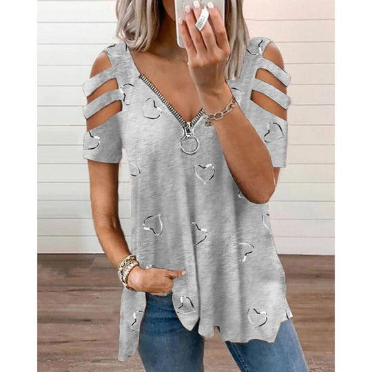 Damen V-Ausschnitt T-Shirt mit Cut-Outs und Herzdesign Heidi-Mode