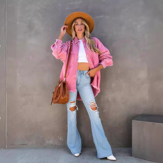 Damen Lässige und stylische Jeansbluse mit Fransen Heidi-Mode