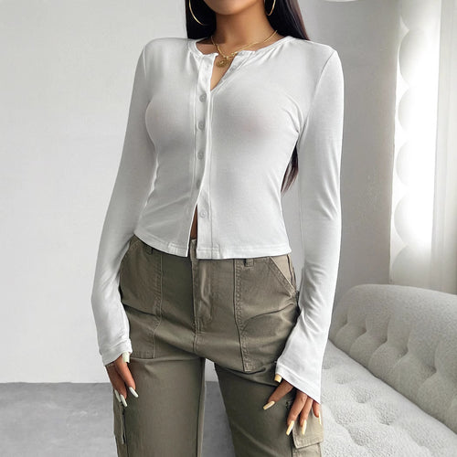 Damen Langarmshirt mit modischer Knopfleiste und figurschmeichelndem Schnitt Heidi-Mode