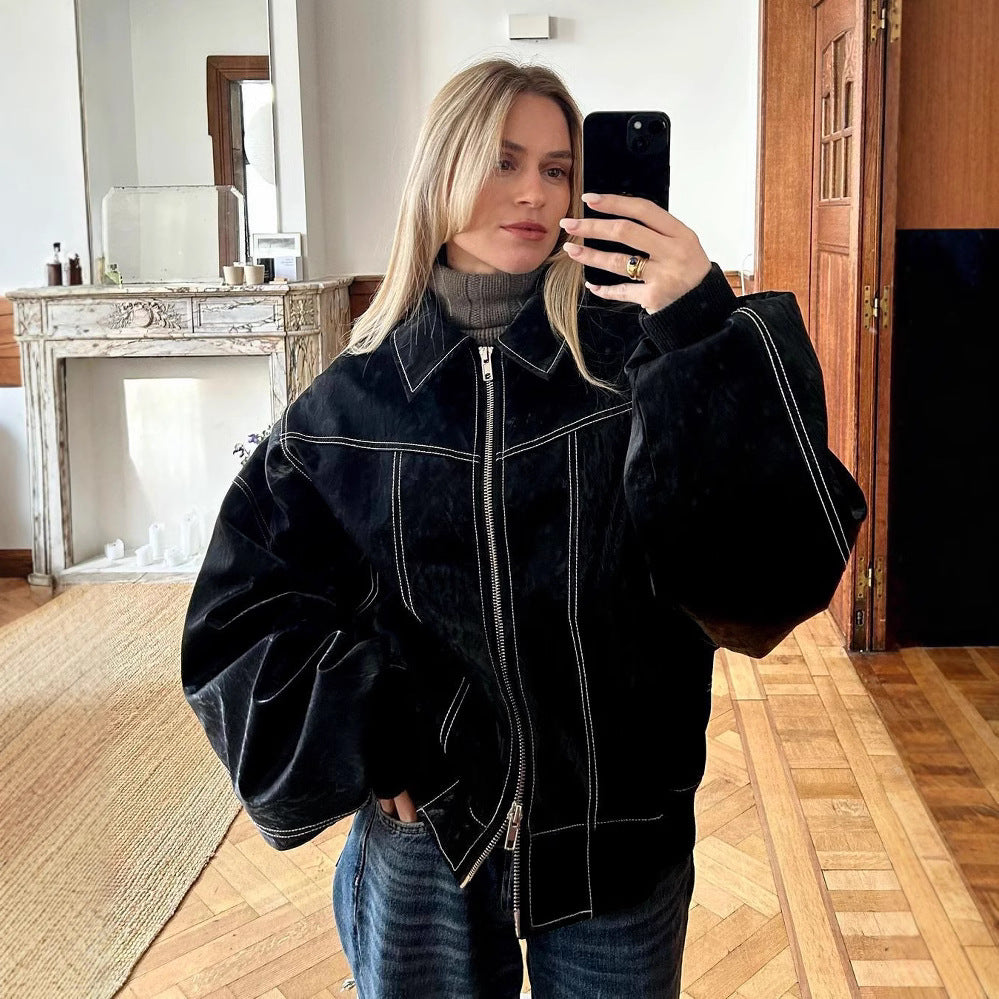 Damen modische Lederjacke mit strukturiertem Kragen und praktischen Taschen Heidi-Mode