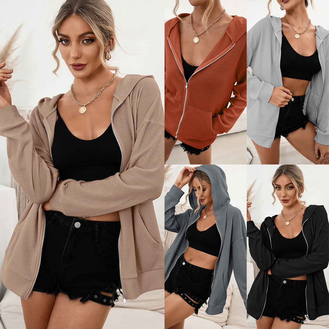 Damen lässige Waffle-Hoodie Jacke mit Reißverschluss Heidi-Mode