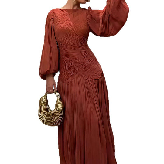 Damen Elegantes Plissiertes Maxikleid mit Raffungen und langen Ärmeln Heidi-Mode