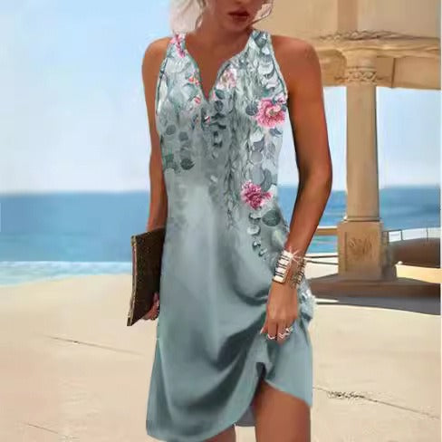 Damen, lässiges Sommerkleid mit V-Ausschnitt und asymmetrischem Saum Heidi-Mode