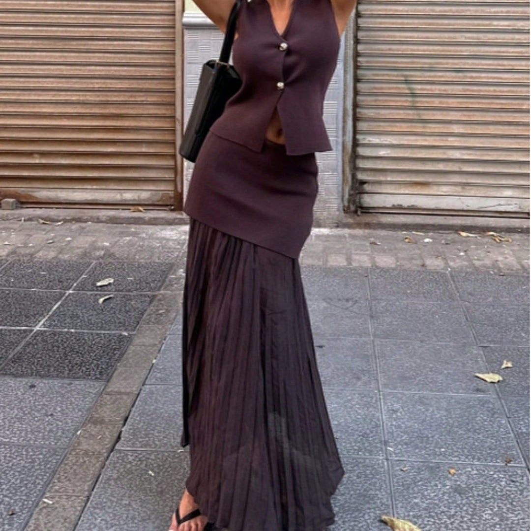 Damen elegantes Strick-Set mit asymmetrischem Rock und ärmelloser Weste Heidi-Mode