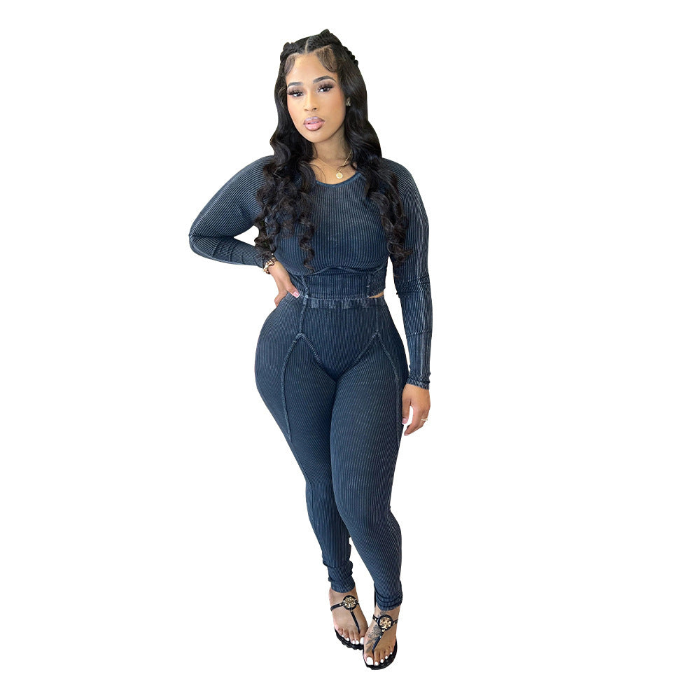 Damen Set aus cropped Oberteil und hoch taillierten Leggings mit strukturiertem Design Heidi-Mode