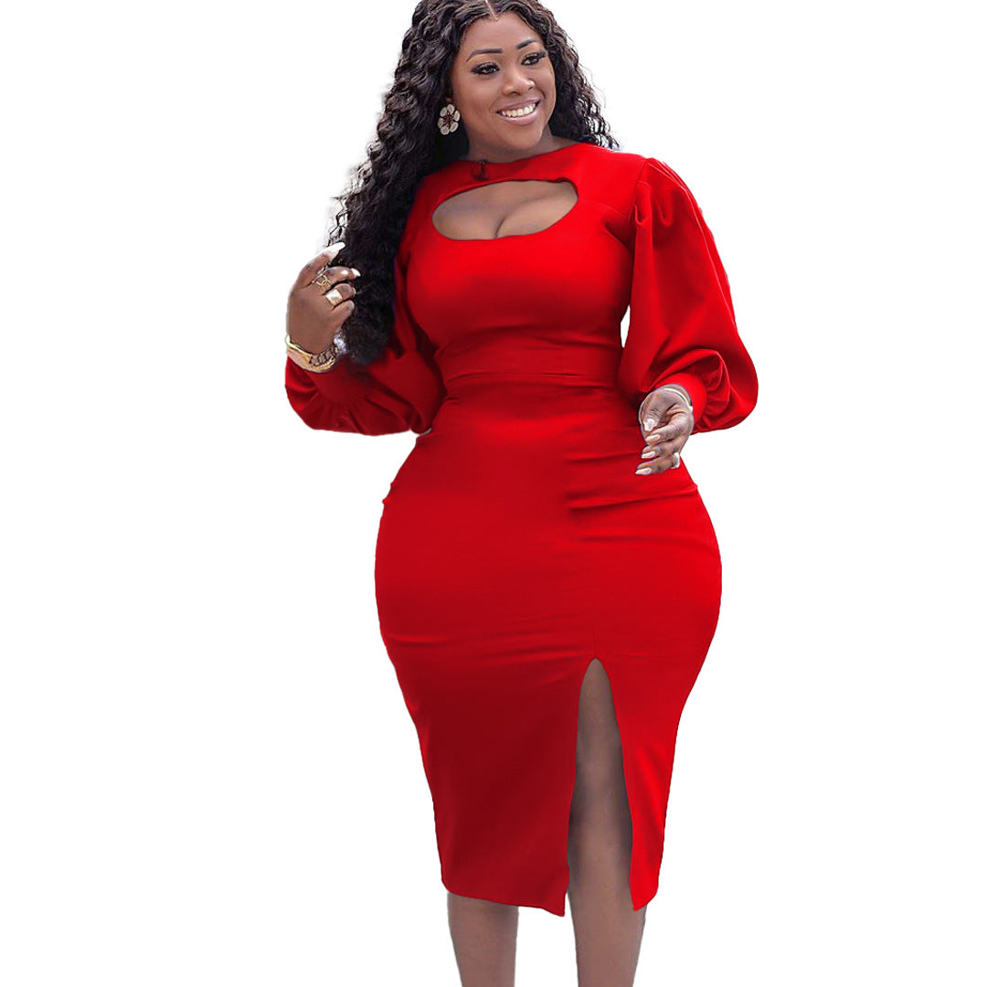 Damen Etuikleid mit angeschnittenen Puffärmeln und trendigem Cut-Out Heidi-Mode