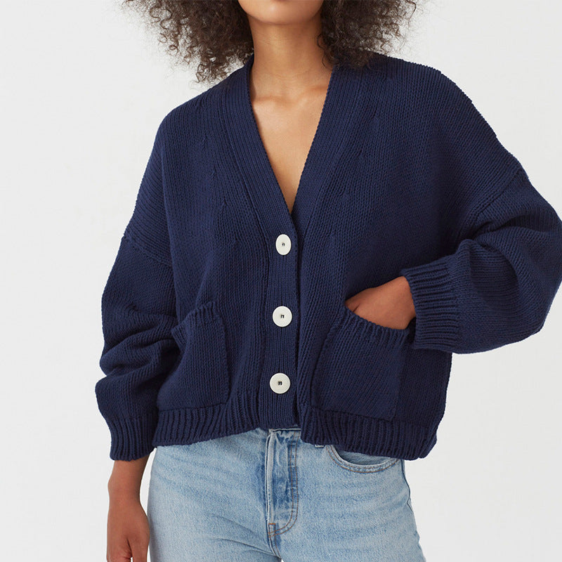Damen lässiger Strickcardigan mit großen Taschen und Knopfverschluss Heidi-Mode